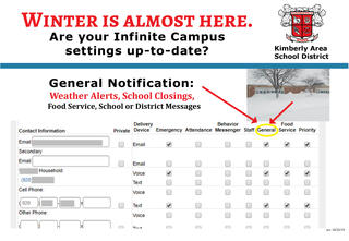 Winter is almost here - are your Infinite Campus settings up-to-date? "General Notification" is for weather alerts, school closings, food service, school or District messages