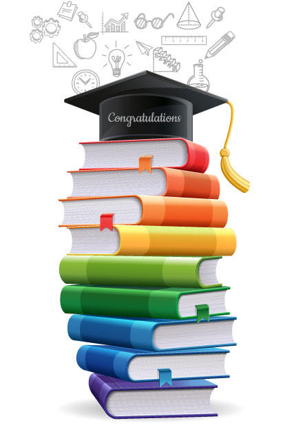 Stack of books with graduation cap on top, says "congratulations"